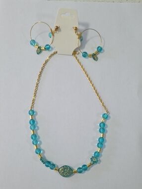Gold-Tone Necklace & Hoop Earring Set in Turquoise